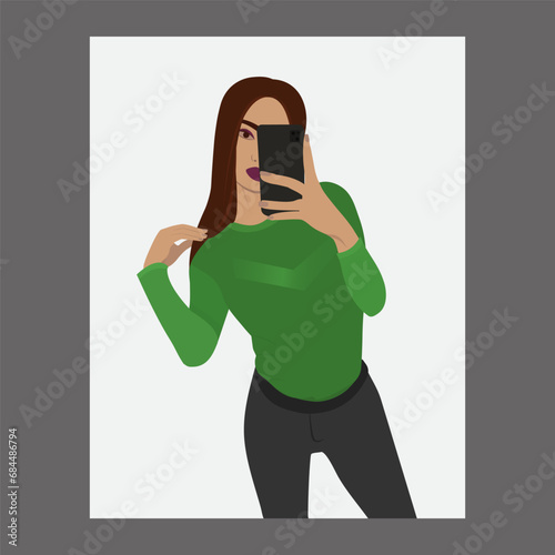 A modern girl blogger photographs herself in mirror. An attractive young woman takes  selfie on mobile phone camera.