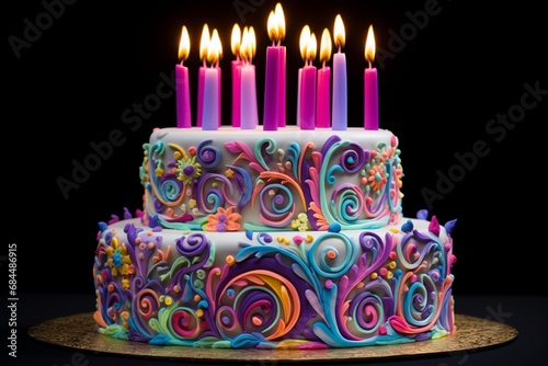 A delectable and beautifully decorated birthday cake with vibrant colors, intricate frosting, and topped with celebratory candles.