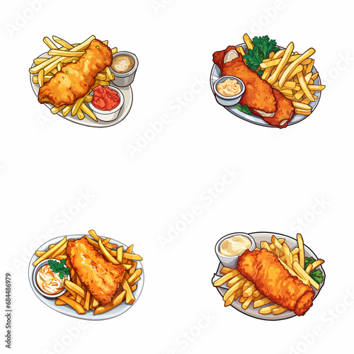set of fish and chips watercolor illustrations