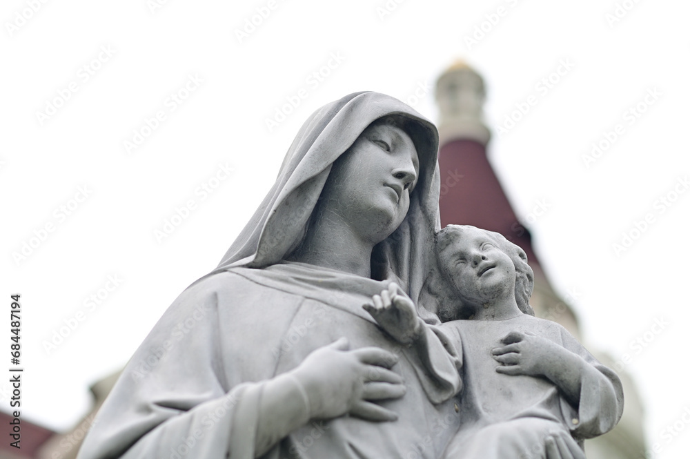 Closeup of Statue of Our lady and Jesus in catholic church, Thailand. selective focus
