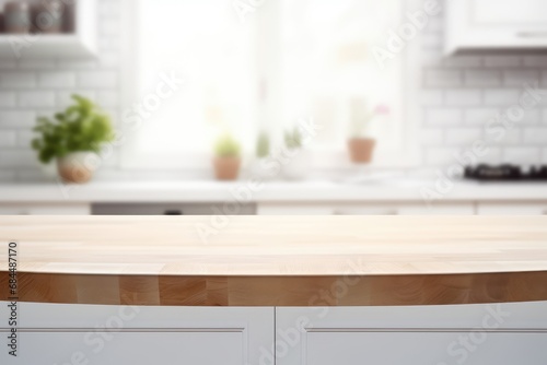 Soft Focus Serenity: Warm Wooden Tabletop against a Blurred Kitchen Backdrop
