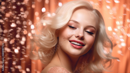 A Captivating Portrait of a Blonde Woman with Striking Red Lipstick