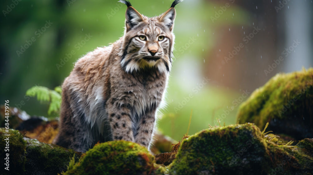 Lynx in winter. Young Eurasian lynx, walks in snowy beech forest. Beautiful wild cat in nature Lynx in winter. Young Eurasian lynx, walks in snowy beech forest. Beautiful wild cat in nature
