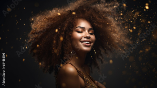 A beautifull woman with an afro smiling bokeh out of focus background