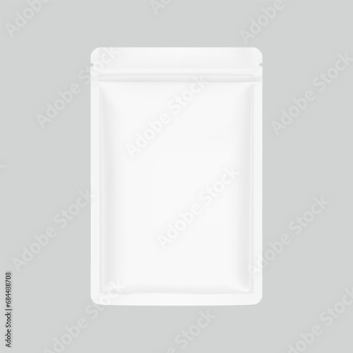 Resealable mylar bag mockup with zip lock and tear notch. Realistic vector illustration isolated on grey background. Flat lay view. Packaging for cosmetic, food, pet. Ready for your design. EPS10. photo