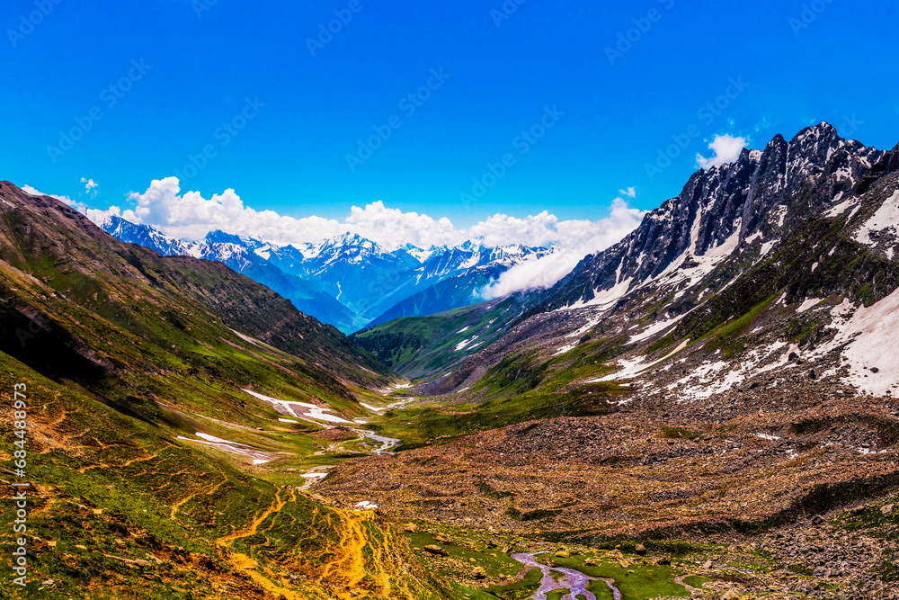 Landscape in the himalayas mountains. Nepal Kashmir valley in the Himalayas region and snow on mountain, Concept travel and camping nature india.