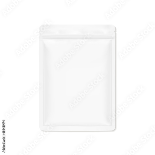 Resealable mylar bag mockup with zip lock and tear notch. Realistic vector illustration isolated on white background. Flat lay view. Packaging for cosmetic, food, pet. Ready for your design. EPS10. photo