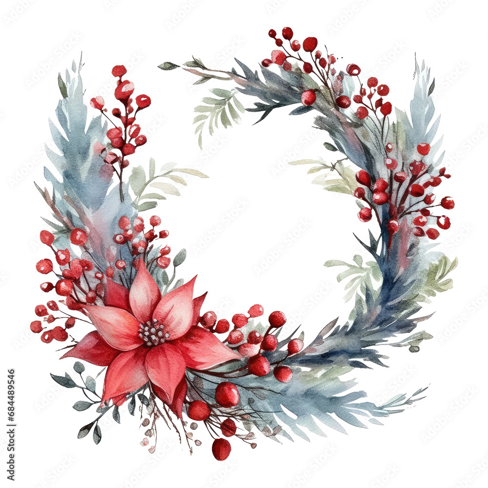Watercolor Christmas Wreath, isolated transparent background