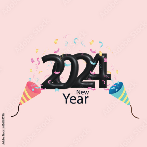 Black 3d design Happy New Year 2024, with confetti popper explosion concept for banner, greeting card, greeting and New Year 2024 celebration