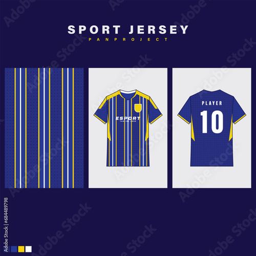 blue sports t shirt template design with yellow and white striped motif