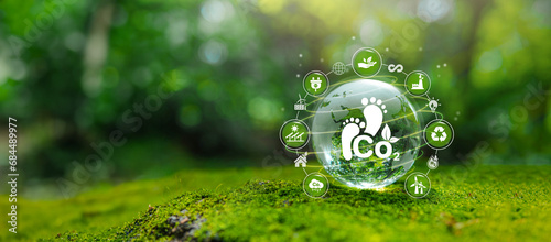 carbon footprint. A human footprint in the middle of a lush crystal globe. Concepts of sustainable development and green business from renewable energy Reducing CO2 emissions, green business