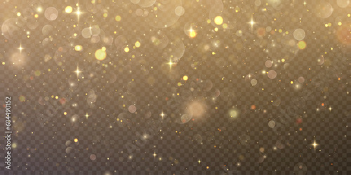 Gold dust light bokeh. Christmas glowing bokeh and glitter overlay texture for your design on a transparent background. Golden particles abstract vector background.	
