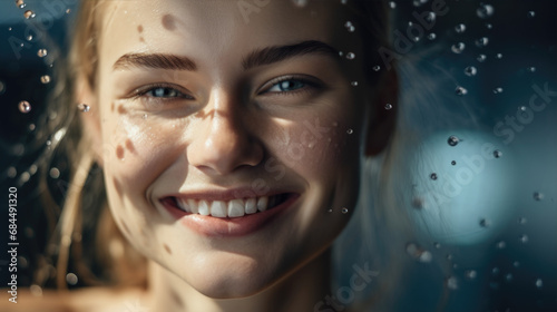 Portrait of beautiful young woman with clean fresh healthy skin smiling feeling the refreshing water rainfall droplets