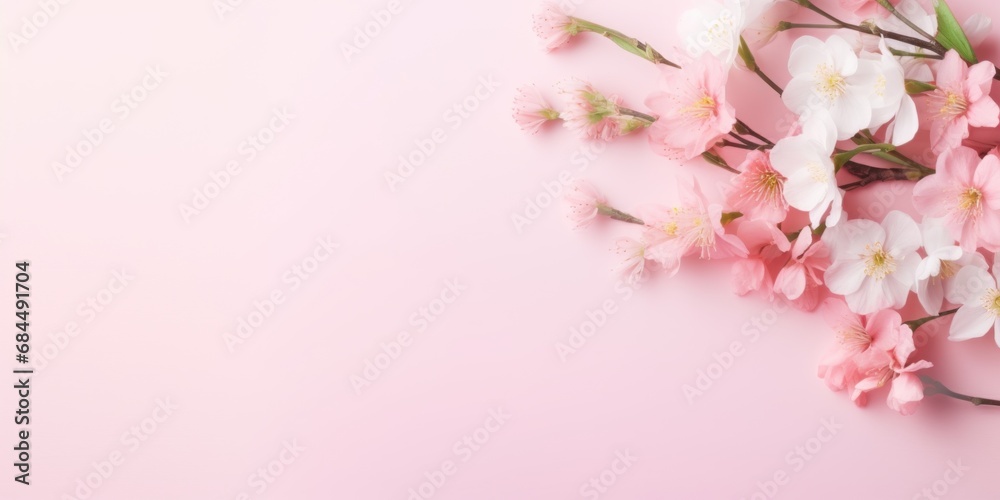 Obraz premium Soft pink cherry blossoms gently spread over a pale pink background, offering a serene and delicate springtime vibe.
