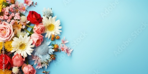 A beautiful array of flowers  including roses and daisies  in a spectrum of colors on a blue background.