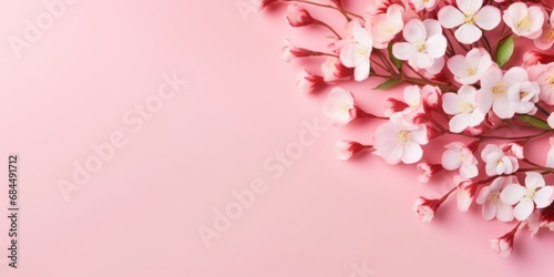 White and pink cherry blossoms bloom beautifully, creating a soft, romantic atmosphere on a blush pink background.