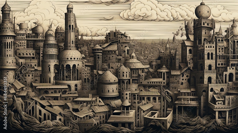 A finely detailed woodcut print of a sprawling, ancient cityscape with intricate architectural features.