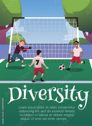 Diversity children playing football vector poster, inclusion boys playing a sports game on the field, kicking the ball