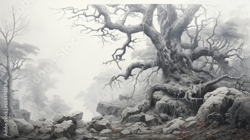A hyper-realistic pencil drawing of a weathered, ancient tree in a misty forest.