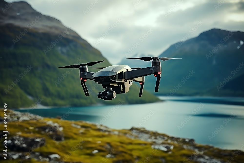 Fototapeta premium Quadcopter flies over a beautiful landscape. AI generative