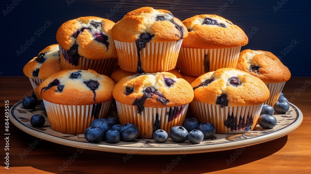 plate of blueberry muffins on wooden table plate of blueberry muffins on wooden table