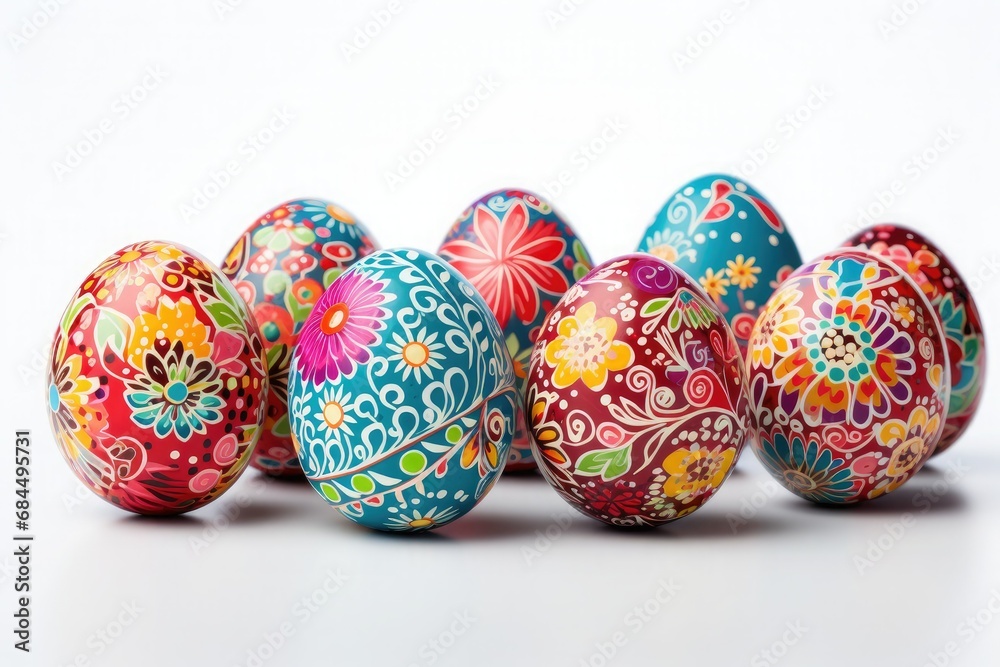 Traditional multi-colored Easter eggs on a white background. Traditional multi-colored Easter eggs on a white background.