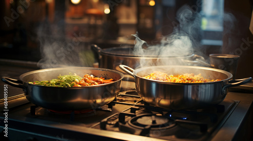 Two pans on the stove with food in the kitchen cooking