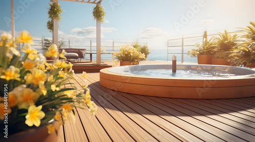 Large jacuzzi  wooden terrace  sunny day