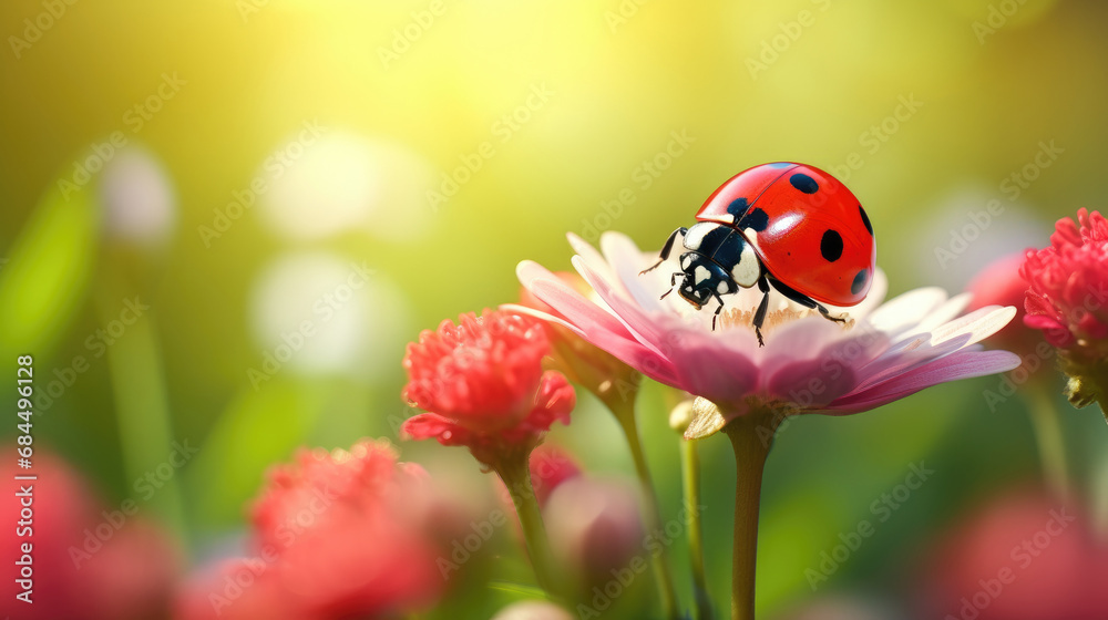Naklejka premium Ladybug on flower under sunlight