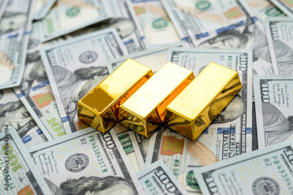amrican dollar bills and bar of gold as financial saving background. Rich and money amrican dollar bills and bar of gold as financial saving background. Rich and money