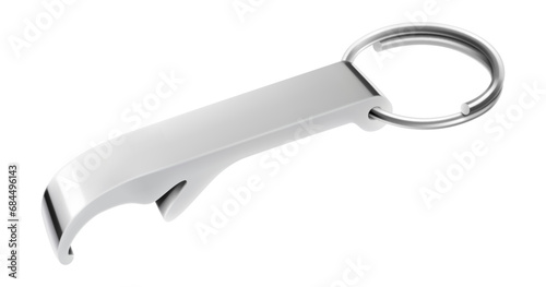 Metal bottle opener in the form of a keychain with attached steel split ring close-up isolated on a white background. Aluminum Bottle or Can Opener. Realistic 3d vector illustration photo