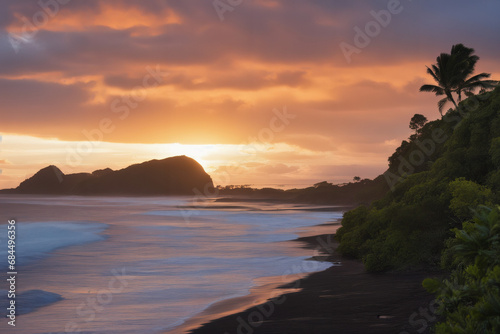 Abendrot   Sonnenuntergang auf einer Insel am Strand . Palmen und Meer im Hintergrund. KI Generated