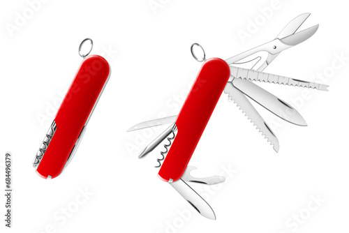 Swiss Army knife or pocket knife isolated realistic vector on white background. This cutting tool is using the large blade for cutting food, slicing paper, carving wood, or gutting a fish. photo