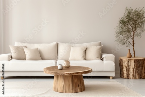 Modern living room with white sofa, white walls and round table. Created with Ai © Image Innovate