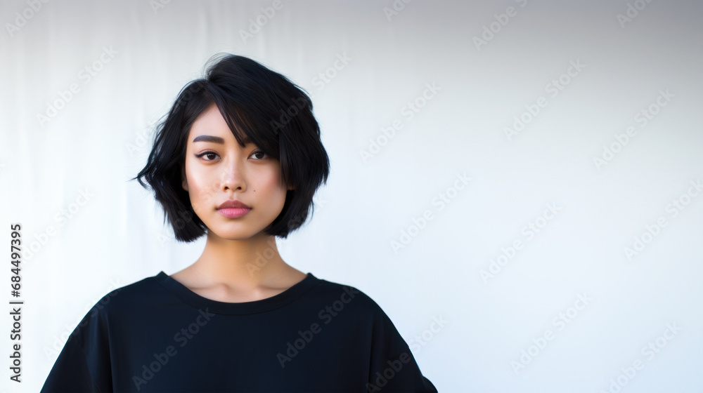 Beautiful asian girl with short black hair on bright background. Beautiful asian girl with short black hair on bright background.