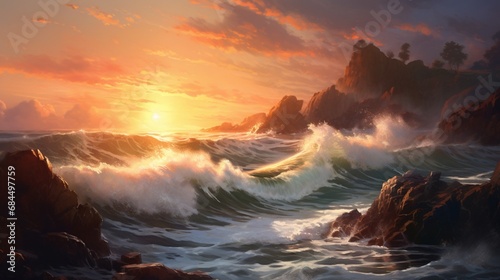 A picturesque coastal scene with waves crashing against the rocks at sunset