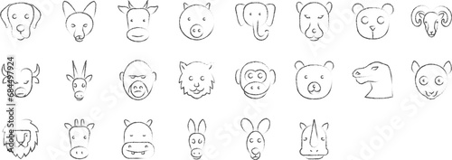 Animal face hand drawn icons set, including icons such as Dog face, Lion face, Monky face, Tiger face, Name, and Fox face. pencil sketch vector icon collection photo
