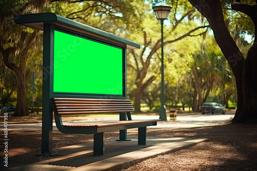 Park Bench with Green Screen Billboard Mockup