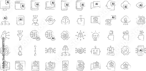 Artificial intelligence hand drawn icons set, including icons such as Ai, Brain, Robot, Technology, Network, and more. pencil sketch vector icon collection