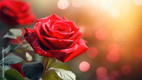 Close-up photo of beautiful red rose flower with sunlight