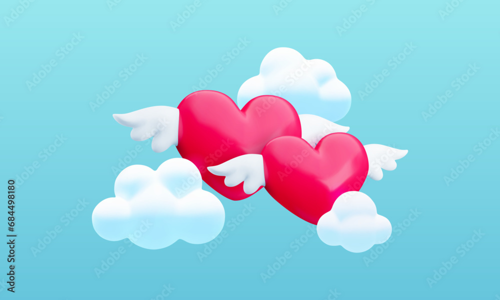 Happy Valentines Day banner, Love hearts illustration. Couple of flying red hearts with wings and clouds in blue sky. Trendy realistic 3d cartoon romantic vector design for greeting, web, background.