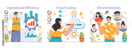 Scaling Strategy concept. Steps to successful business growth, featuring target achievement and efficiency. Business development, market reach, and cost-effective operations. Flat vector illustration