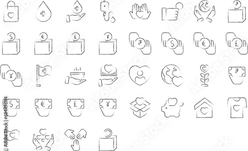 Investment and savings hand drawn icons set  including icons such as money  bank  Donation and more. pencil sketch vector icon collection