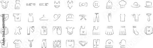 Clothes hand drawn icons set, including icons such as Bikini, Bow, Belt, Beach Dress, Dress, Hat, Jeans, and more. pencil sketch vector icon collection
