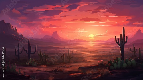 A rocky desert landscape with a stunning sunset sky and cacti silhouetted