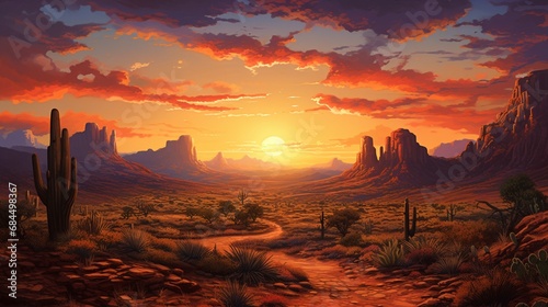 A rocky desert landscape with a stunning sunset sky and the silhouette of a saguaro cactus, with a coyote in the distance