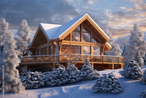 House in the woods while it is snowing. is snow-covered. © Smart AI