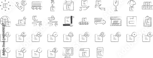 Package delivery and courier hand drawn icons set  including icons such as Fragile  Package  Trolley  Warehouse  Transport  and more. pencil sketch vector icon collection