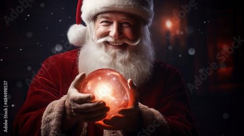 Happy Santa Claus holding glowing christmas ball, generative ai