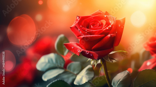Close-up photo of beautiful red rose flower with sunlight